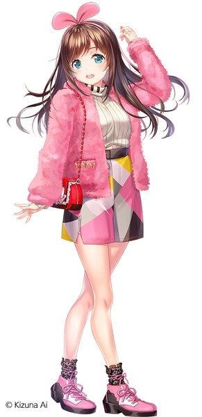 Anime picture 480x989 with virtual youtuber a.i. channel kizuna ai fujima takuya single long hair tall image looking at viewer open mouth blue eyes simple background brown hair white background full body arm up open jacket official art bare legs alternate costume girl
