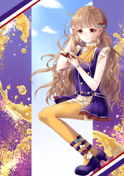 Anime picture 2480x3508 with original orangina toowa y single long hair tall image highres brown hair sitting sky cloud (clouds) light smile adjusting hair france girl ribbon (ribbons) hair ribbon pantyhose shorts book (books)
