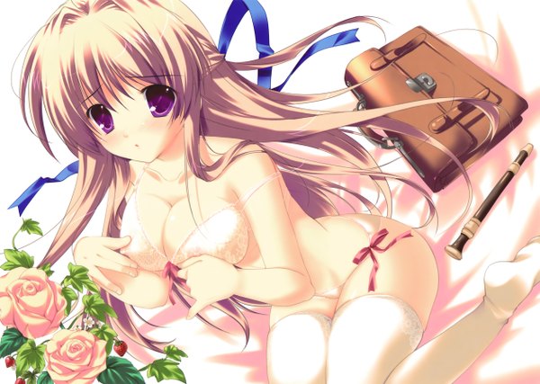 Anime picture 2527x1800 with mikeou single long hair highres light erotic brown hair purple eyes girl thighhighs underwear panties white thighhighs rose (roses) school bag