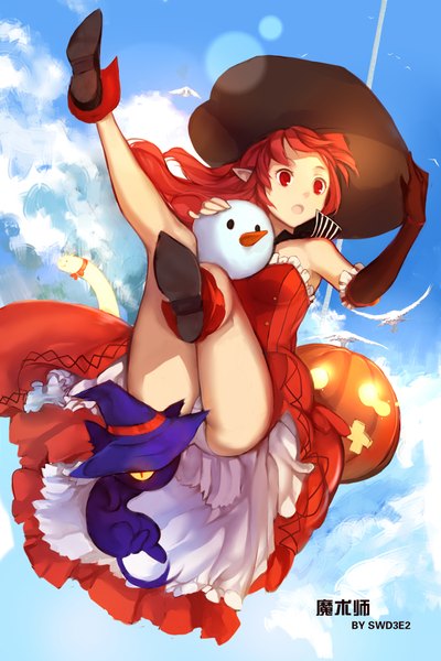 Anime picture 1417x2125 with swd3e2 long hair tall image open mouth light erotic red eyes sky cloud (clouds) red hair pantyshot witch girl dress gloves underwear panties hat animal elbow gloves cat