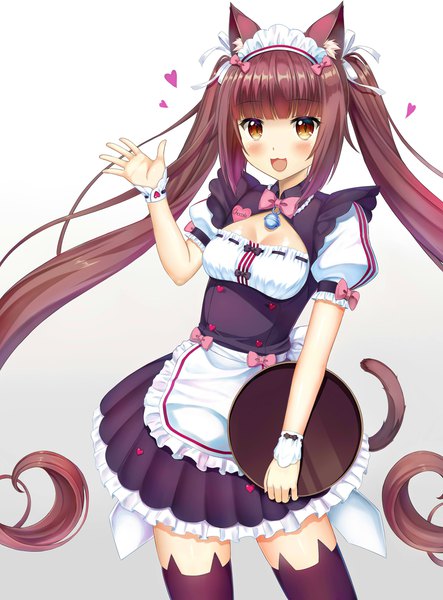 Anime picture 1000x1355 with neko paradise neko works (studio) chocola (nekopara) eroge- single tall image looking at viewer blush fringe open mouth simple background smile brown hair twintails holding brown eyes animal ears payot tail blunt bangs
