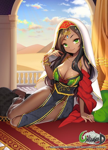 Anime picture 722x1000 with unleashed byulzzimon single long hair tall image looking at viewer breasts black hair smile green eyes cleavage dark skin girl bracelet