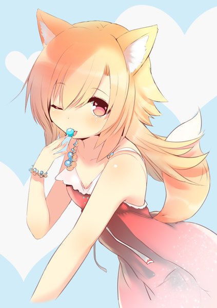 Anime picture 595x842 with original futaba akane naomi (sekai no hate no kissaten) single long hair tall image looking at viewer blush fringe blonde hair simple background red eyes animal ears tail animal tail one eye closed wink fox ears fox tail blue background