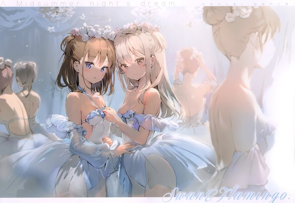 Anime picture 4873x3356 with original anmi long hair looking at viewer blush fringe highres short hair breasts open mouth blue eyes light erotic blonde hair smile brown hair standing multiple girls brown eyes payot absurdres