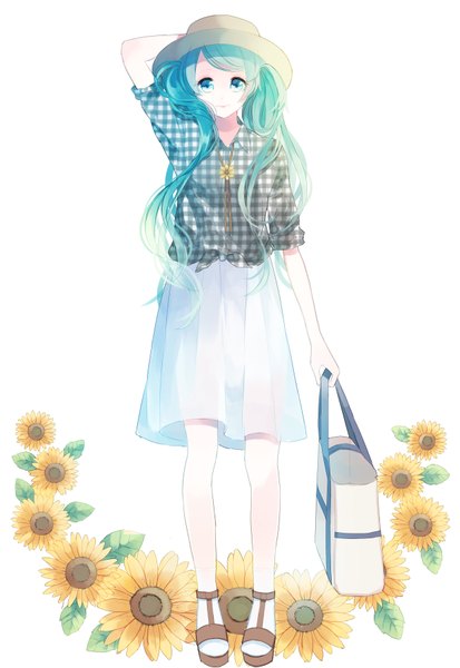 Anime picture 2480x3600 with vocaloid hatsune miku maayan single long hair tall image looking at viewer highres simple background smile white background twintails aqua eyes aqua hair hand on head girl skirt flower (flowers) hat shirt