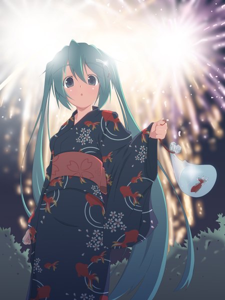 Anime picture 1200x1600 with vocaloid hatsune miku yuzuki kei single long hair tall image blue eyes twintails japanese clothes green hair fireworks girl belt kimono