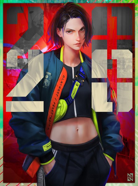 Anime picture 1526x2048 with original arata yokoyama single tall image looking at viewer fringe short hair black hair standing brown eyes lips realistic open jacket bare belly eyebrows clothes writing hands in pockets 2020 fashion girl