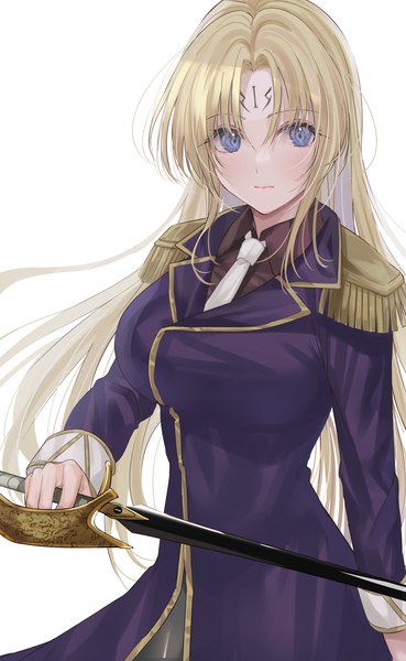 Anime picture 1260x2048 with black cat gonzo sephiria arks mexif single long hair tall image looking at viewer blue eyes simple background blonde hair white background upper body forehead mark girl weapon sword necktie epaulettes