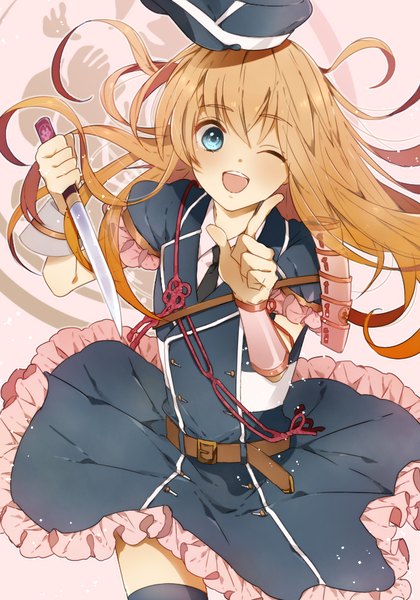 Anime picture 700x1000 with touken ranbu nitroplus midare toushirou honyami single long hair tall image looking at viewer blush open mouth blue eyes blonde hair one eye closed from above wink pink background otoko no ko hat removed thighhighs boy
