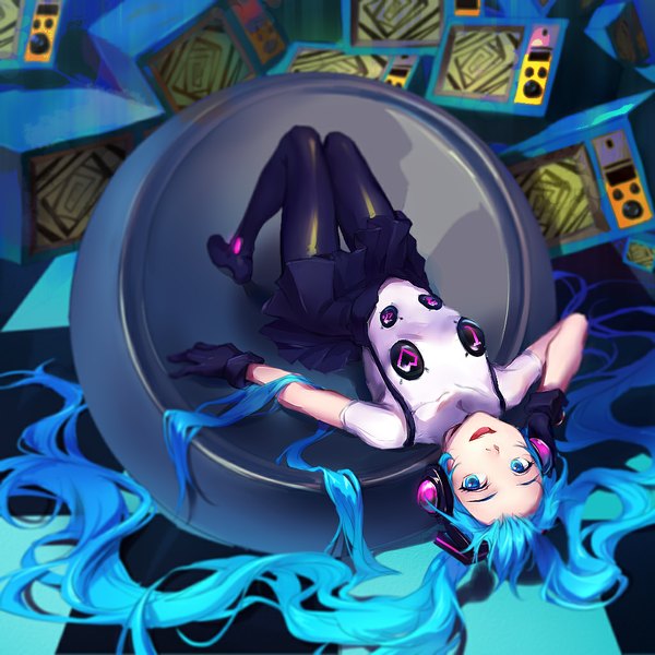 Anime picture 1024x1024 with persona persona 4: dancing all night vocaloid hatsune miku mi lu-zi single looking at viewer fringe open mouth smile twintails lying very long hair aqua eyes blurry aqua hair on back eyebrows checkered floor floor