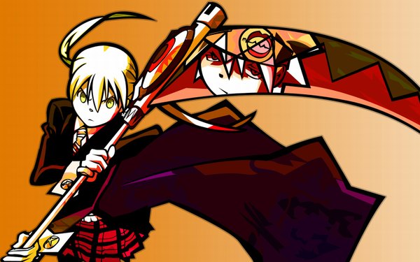 Anime picture 1680x1050 with soul eater studio bones maka albarn soul eater evans highres short hair blonde hair wide image twintails plaid skirt vector plaid spiked hair skirt scythe