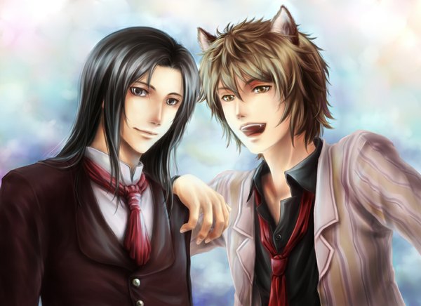 Anime picture 1100x800 with tagme (copyright) v-sil long hair short hair open mouth black hair simple background brown hair brown eyes animal ears multiple boys teeth grey eyes fang (fangs) open collar wolf ears hand on another's shoulder boy necktie 2 boys