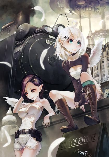 Anime picture 1046x1500 with original akaikitsune tall image short hair blue eyes black hair red eyes sitting multiple girls looking away ahoge white hair pointy ears white wings girl hair ornament 2 girls wings shorts boots