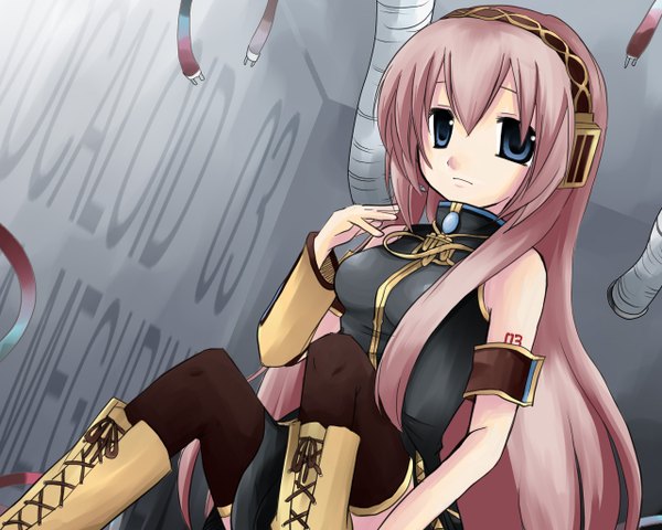 Anime picture 1280x1024 with vocaloid megurine luka katsuki neko single long hair fringe blue eyes hair between eyes sitting bare shoulders pink hair copyright name character names girl thighhighs black thighhighs headphones knee boots cable