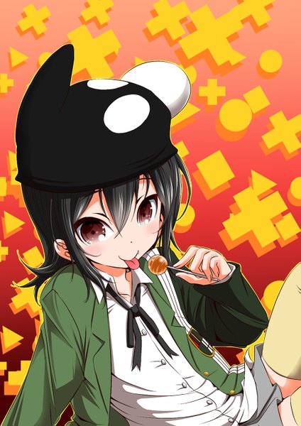 Anime picture 965x1364 with original mana12 single tall image blush short hair breasts black hair smile brown eyes flat chest girl uniform school uniform food headdress sweets tongue candy lollipop