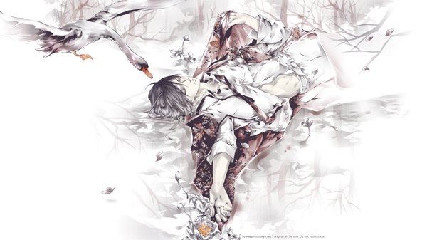 Anime picture 1920x1080 with original anemone - eno. color works artbook eno (artist) single highres short hair black hair simple background wide image white background lying eyes closed reflection bare tree boy flower (flowers) plant (plants) animal shirt petals