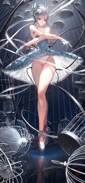 Anime picture 842x1794 with original hoojiro single tall image looking at viewer fringe short hair blue eyes light erotic smile standing bare shoulders holding signed payot silver hair full body mole mole under eye thigh gap