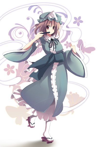 Anime picture 1174x1776 with touhou saigyouji yuyuko tagme (artist) tall image blonde hair brown eyes girl dress flower (flowers) hat belt