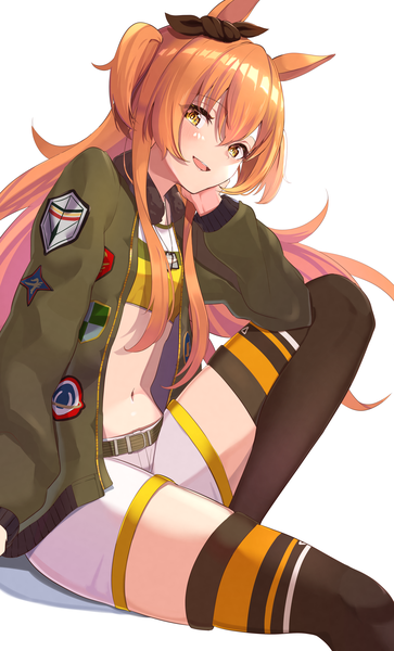 Anime picture 3032x5016 with umamusume mayano top gun (umamusume) appo (36786257) single long hair tall image looking at viewer fringe highres open mouth simple background hair between eyes white background sitting animal ears yellow eyes absurdres :d orange hair midriff