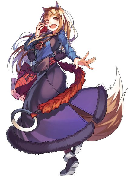 Anime picture 800x1056 with spice and wolf horo selenoring single long hair tall image looking at viewer fringe open mouth simple background brown hair white background brown eyes animal ears full body tail blunt bangs :d animal tail wolf ears