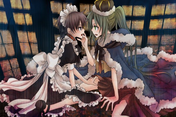 Anime picture 1200x800 with higurashi no naku koro ni studio deen sonozaki mion maebara keiichi gepangopin fringe short hair open mouth hair between eyes brown hair sitting green eyes full body profile pleated skirt green hair black eyes arm support maid puffy sleeves