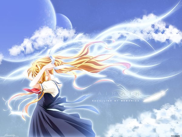 Anime picture 1600x1200 with air key (studio) kamio misuzu limality long hair blonde hair sky cloud (clouds) wind wallpaper copyright name blue background girl uniform ribbon (ribbons) hair ribbon school uniform