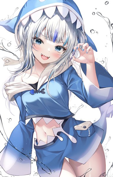 Anime picture 1000x1565 with virtual youtuber hololive hololive english gawr gura gawr gura (1st costume) mellozzo single long hair tall image looking at viewer blush fringe open mouth blue eyes simple background smile standing white background silver hair tail