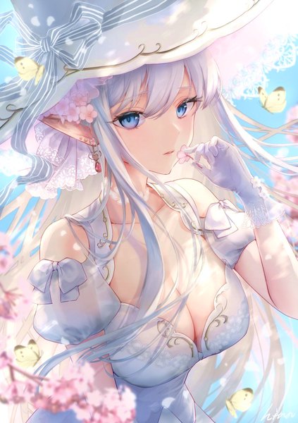 Anime-Bild 705x1000 mit original hi-na1 single long hair tall image looking at viewer fringe breasts blue eyes light erotic large breasts standing bare shoulders holding signed cleavage silver hair upper body blunt bangs parted lips