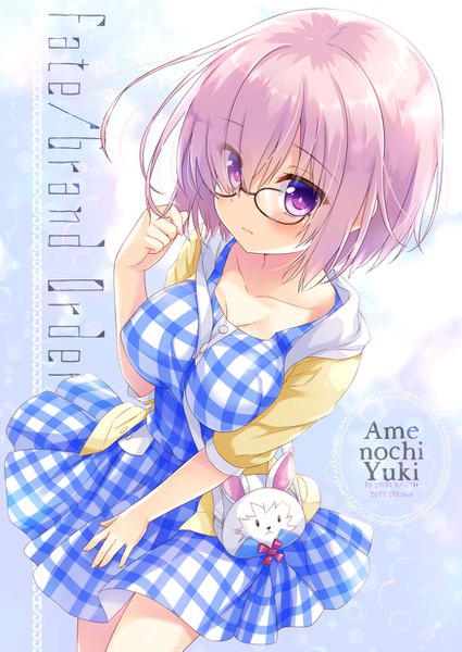 Anime picture 874x1235 with fate (series) fate/grand order mash kyrielight ameto yuki single tall image looking at viewer blush fringe short hair open mouth standing purple eyes pink hair hair over one eye copyright name outstretched hand between breasts plaid girl