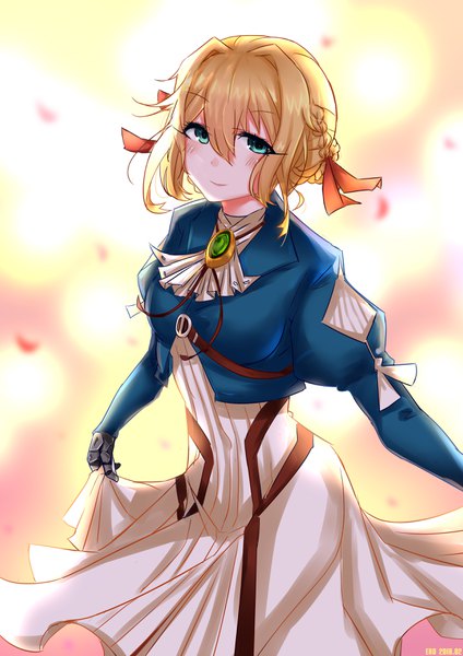 Anime picture 2480x3508 with violet evergarden kyoto animation violet evergarden (character) e.r.o single tall image looking at viewer blush fringe highres short hair blue eyes simple background blonde hair smile hair between eyes standing payot braid (braids) puffy sleeves