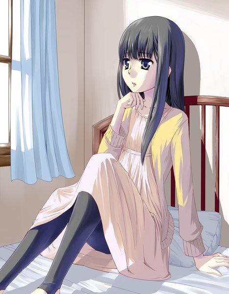 Anime picture 2893x3712 with original nomi single long hair tall image highres black hair looking away girl dress window couch