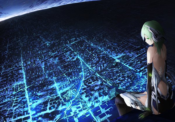 Anime picture 2176x1526 with original solru (tyappygain) single long hair looking at viewer highres sitting bare shoulders green eyes cloud (clouds) looking back green hair night night sky city horizon cityscape city lights girl gloves