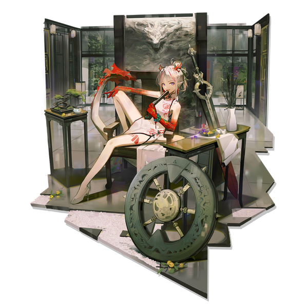 Anime picture 2048x2048 with arknights nian (arknights) nian (unfettered freedom) (arknights) huanxiang heitu single looking at viewer highres short hair purple eyes silver hair full body ponytail indoors tail traditional clothes horn (horns) pointy ears official art bare legs high heels