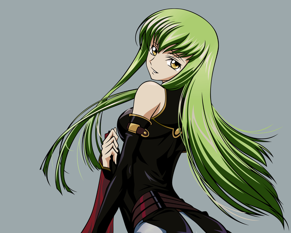 Anime picture 1800x1440 with code geass sunrise (studio) c.c. single long hair looking at viewer highres smile bare shoulders yellow eyes looking back green hair light smile from behind grey background girl detached sleeves