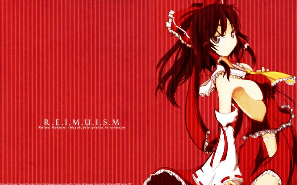 Anime picture 1920x1200 with touhou hakurei reimu takaharu devildude omnidevil single long hair looking at viewer fringe highres breasts light erotic brown hair wide image brown eyes no bra wallpaper sideboob red background third-party edit