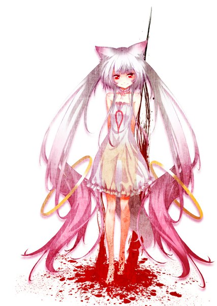 Anime picture 712x1000 with mahou shoujo madoka magica shaft (studio) kyuubee hong (white spider) single tall image fringe simple background smile red eyes white background animal ears pink hair white hair very long hair multicolored hair gradient hair girl dress white dress