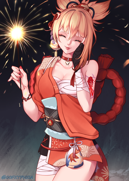 Anime picture 1500x2100 with genshin impact yoimiya (genshin impact) oofxyphxia single tall image fringe short hair breasts light erotic blonde hair smile hair between eyes standing bare shoulders holding signed eyes closed nail polish traditional clothes japanese clothes