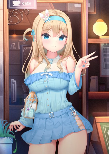 Anime picture 2480x3508 with girls frontline suomi kp31 (girls frontline) bachibachi (tisen) single long hair tall image looking at viewer blush fringe highres breasts blue eyes light erotic blonde hair standing bare shoulders nail polish pleated skirt fingernails light smile
