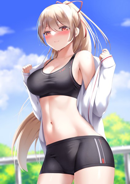 Anime picture 1488x2105 with original tatsumiya kagari single long hair tall image looking at viewer blush fringe breasts light erotic blonde hair hair between eyes red eyes standing payot sky cleavage cloud (clouds) outdoors ponytail