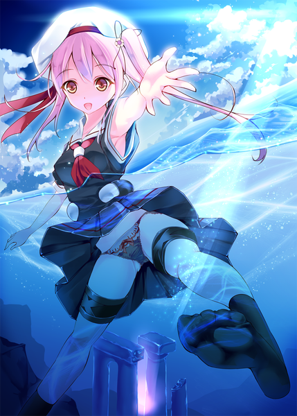 Anime picture 858x1200 with kantai collection harusame destroyer fukuda shuushi long hair tall image looking at viewer open mouth light erotic red eyes twintails pink hair sky cloud (clouds) girl underwear panties water socks black socks beret