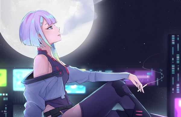 Anime picture 5100x3300 with cyberpunk edgerunners studio trigger lucy (cyberpunk) kato yuurina single highres short hair blue eyes sitting looking away absurdres silver hair profile night smoke smoking girl thighhighs moon full moon