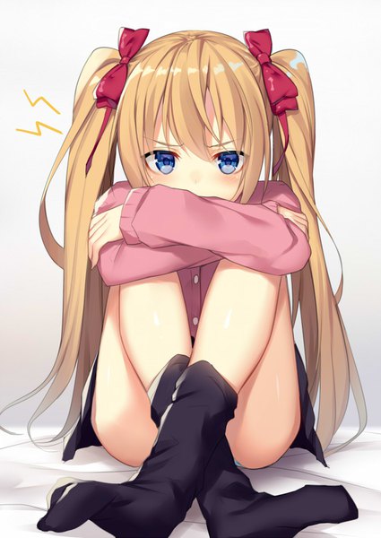 Anime picture 1062x1500 with original alexmaster single long hair tall image looking at viewer blush blue eyes light erotic blonde hair white background sitting twintails crossed legs angry girl bow hair bow socks black socks