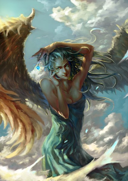 Anime picture 2480x3508 with 32106fu single long hair tall image looking at viewer fringe highres breasts smile bare shoulders holding sky cloud (clouds) aqua eyes lips aqua hair sleeveless angel wings angel smirk