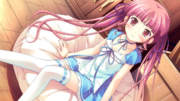 Anime picture 1920x1080 with shukufuku no campanella minette long hair blush highres smile red eyes wide image twintails game cg purple hair loli girl thighhighs white thighhighs sundress