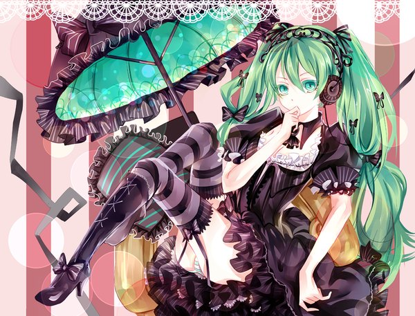 Anime picture 1000x762 with vocaloid hatsune miku instockee long hair light erotic twintails aqua eyes aqua hair pantyshot striped striped background girl thighhighs dress headphones umbrella striped thighhighs
