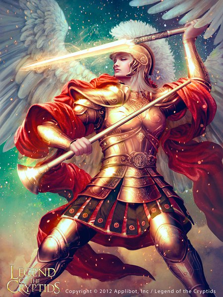 Anime picture 900x1200 with legend of the cryptids mario wibisono (raynkazuya) long hair tall image looking at viewer blue eyes holding white hair profile arm up lips realistic inscription copyright name angel wings angel androgynous boy weapon sword