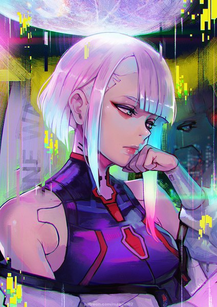 Anime picture 1200x1697 with cyberpunk edgerunners studio trigger lucy (cyberpunk) magion02 single tall image fringe short hair blue eyes looking away silver hair upper body blunt bangs lips reflection head rest girl android