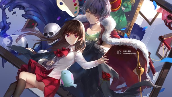 イラスト 1418x798 と ib (game) ギャリー ib (ib) 超凶の狄璐卡 長髪 前髪 短い髪 黒髪 赤い目 wide image 茶目 purple hair 片目隠れ 女の子 男性 スカート 花 シャツ ソックス 薔薇