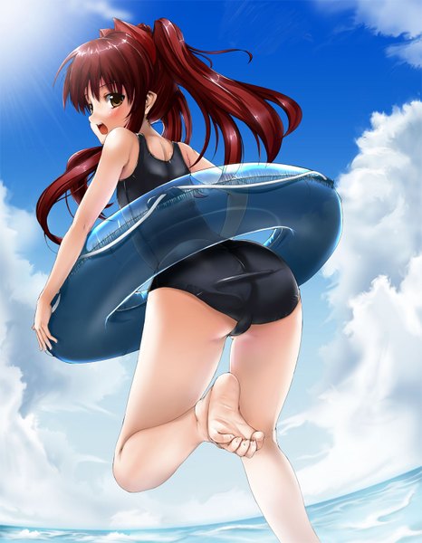 Anime picture 1190x1530 with quiz magic academy aloe fujioka toki single long hair tall image light erotic brown eyes cloud (clouds) red hair looking back running girl swimsuit one-piece swimsuit school swimsuit swim ring