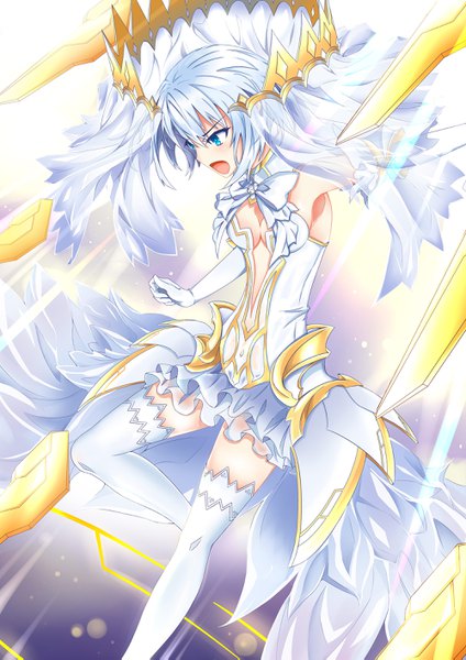 Anime picture 2000x2829 with date a live tobiichi origami miying (13975192760) single tall image blush fringe highres short hair breasts open mouth blue eyes hair between eyes cleavage silver hair profile armpit (armpits) outstretched arm looking down light